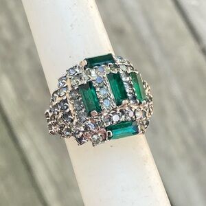 Vintage Faux Baguette Emerald & faux dark diamond adjustable ring